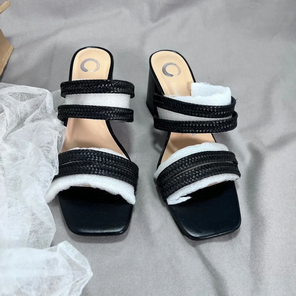 Journee Collection Natia Black Sandals Block Heel Braided Straps Slip On Size 11
